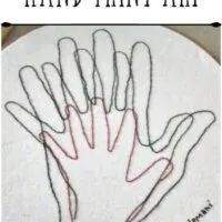 Stitched Handprint art on an embroidery hoop