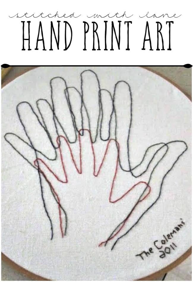 Stitched Handprint art on an embroidery hoop