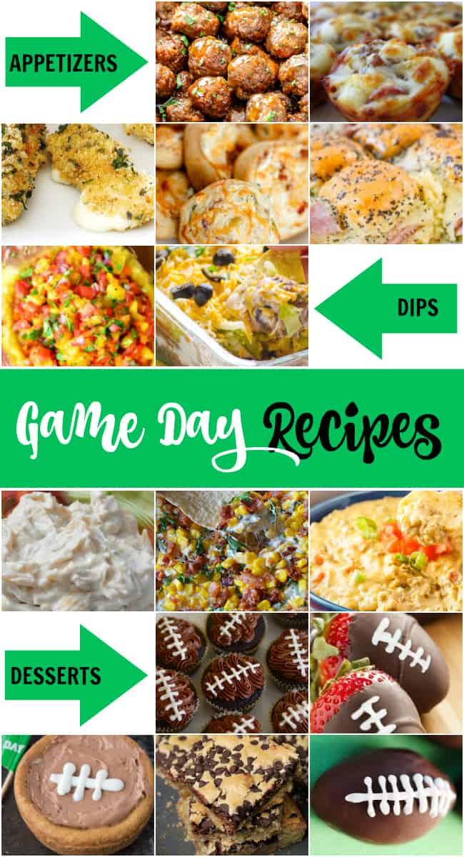 If you are on the hunt for some delicious game day recipes for the Super Bowl or any other football game then you will want to try these. Whether you're a football fanatic or just in it for the halftime show, game day requires serious snacks.  Make your house football headquarters with these recipes for appetizers, dips, and desserts. #GameDayRecipes #FootballNight #Superbowl #GameDay #BigGameRecipes #FingerFoods