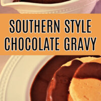 This photo features a gravy boat of chocolate gravy and it also poured over a white plate of pancakes.