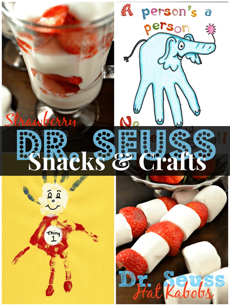 Celebrate Dr. Seuss with these super easy Dr. Seuss crafts and snacks. So much fun for little hands to get involved with too. #DrSeuss #HandPrintCrafts #Snacks #DrSeussCrafts #DrSeussTreats