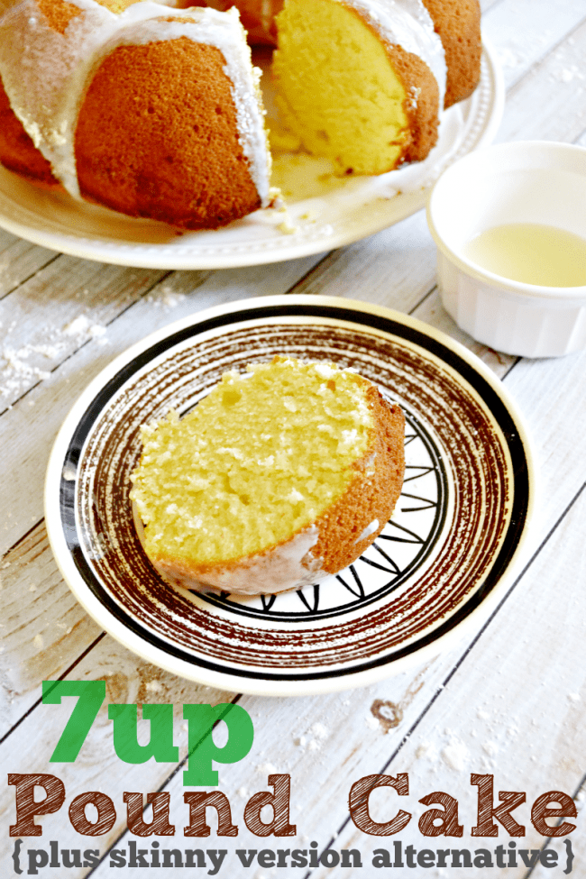 A slice of 7UP Pound Cake on a dessert plate with the whole cake set to the side.