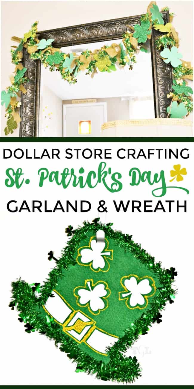 Create your own luck with these super cute St. Patrick's Day Garland and Wreath crafts. All of the materials are found at your local dollar store and are inexpensive and incredibly easy to make. #StPatricksDay #StPatricksDayCrafts #StPatricksDayWreath #StPatricksDayGarland