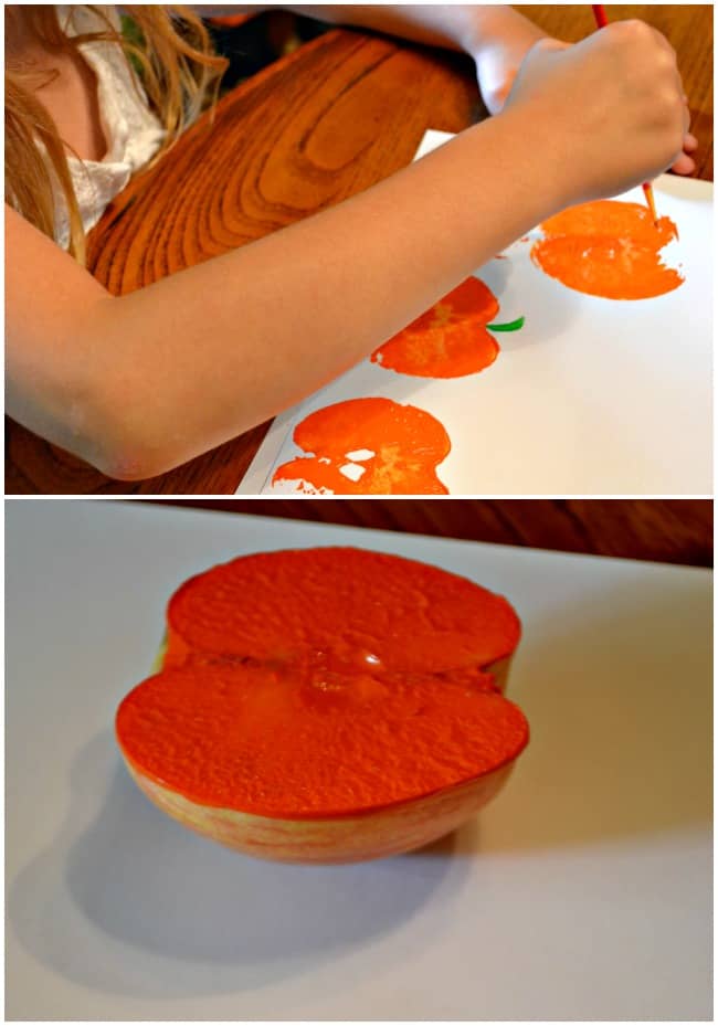 Apple Stamping: Making pumpkins with apples!