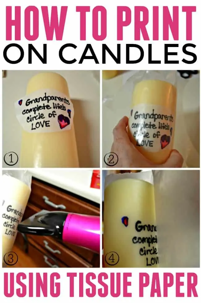 Collage of the step by step process of How to print on candles using tissue paper.