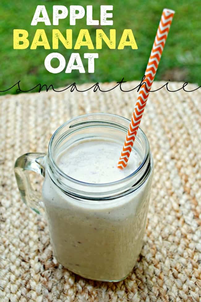 mason jar style glass filled with apple banana & oat smoothie