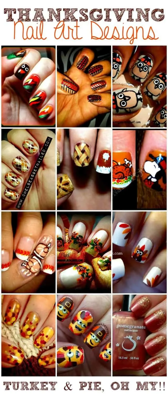 Thanksgiving Nails with turkeys, pies, pilgrims and pattern designs