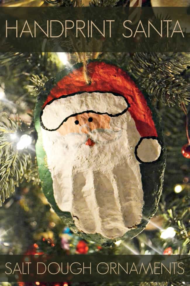 This salt dough ornament recipe is so easy to make. Which allows you to create these homemade salt dough Santa ornaments that are perfect for gift giving. #SaltDoughOrnaments #HandPrintSantaOrnament #DIYOrnaments #ChristmasOrnaments #SaltDough