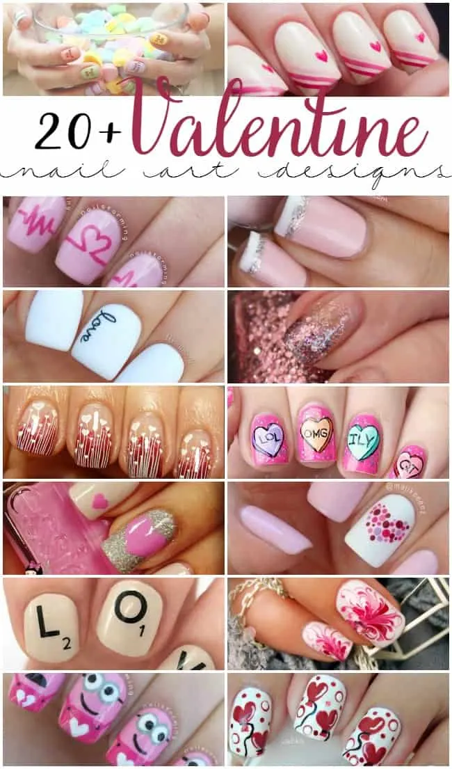 Photo showing all the different styles of Valentine nails from conversation hearts to french tips.