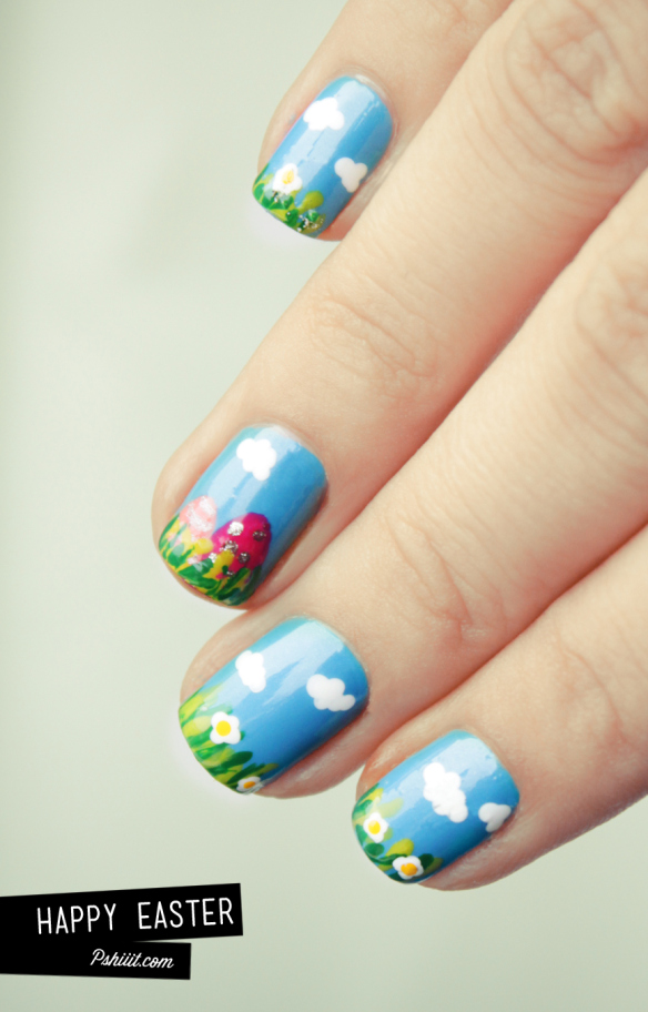 blue sky and cloud nails