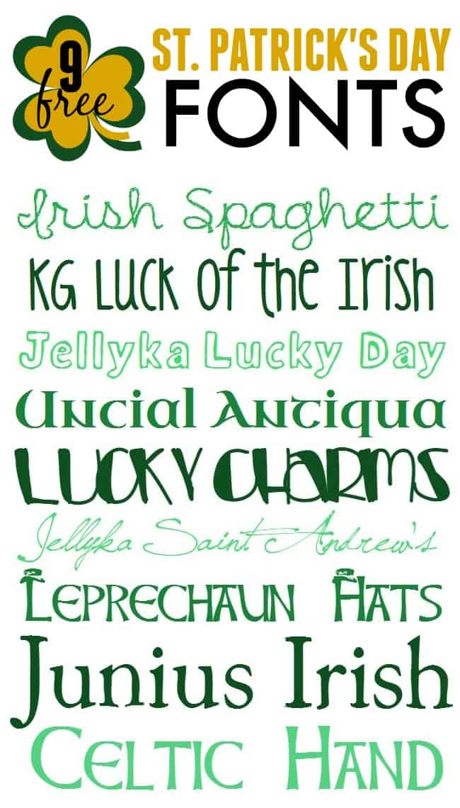 Sample of the different St. Patrick's Day fonts typed out in their actual typeface.