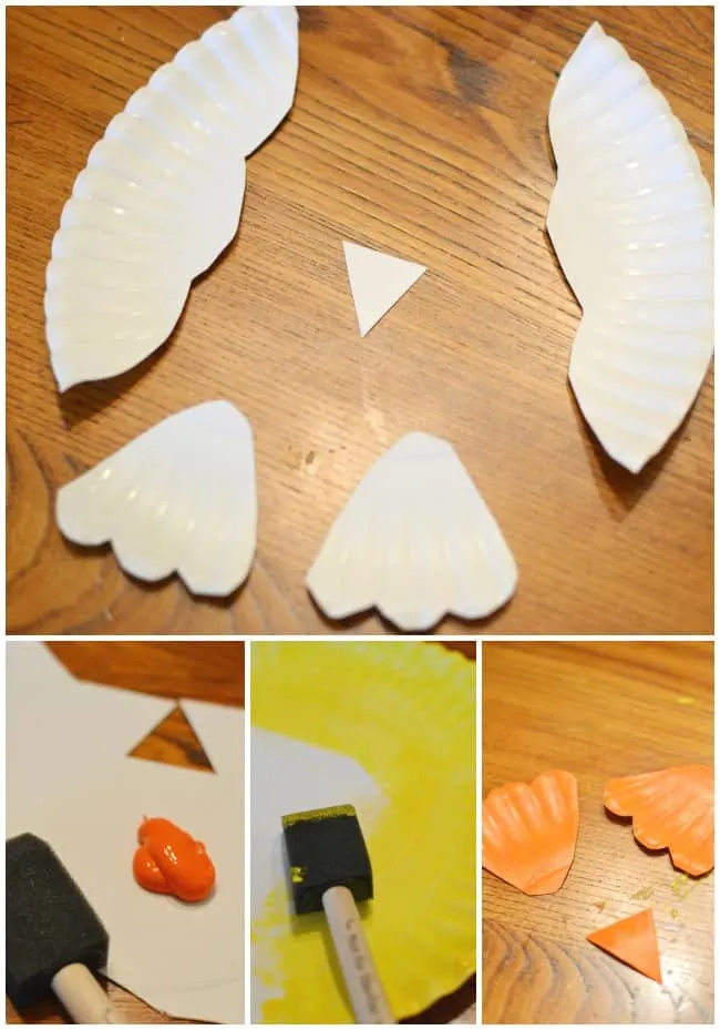 Collage of steps to create the paper plate Easter chick.