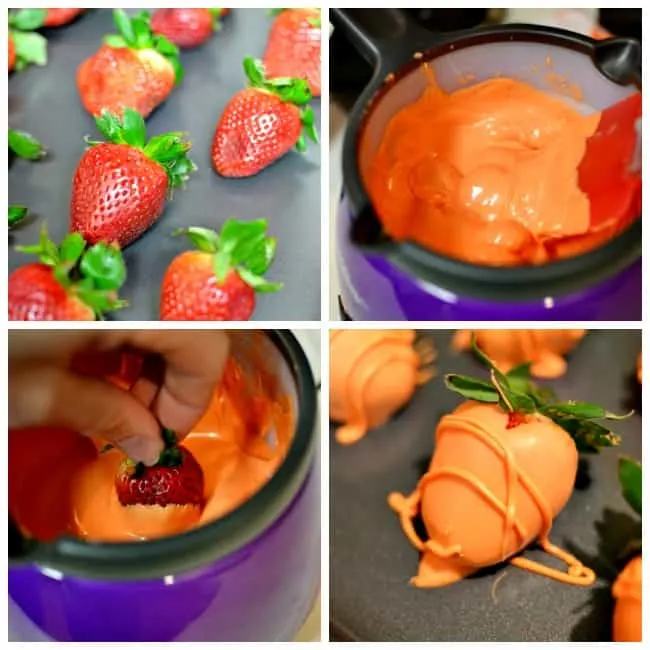 Collage of the individual steps to create Easter Carrot Strawberries