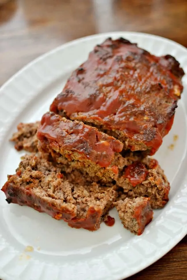 A white platter full of the Easy Southern Meatloaf Recipe