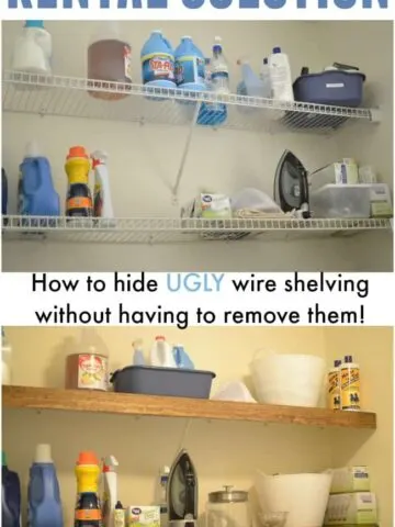 Love this simple solution to hiding ugly wire shelving in my rental.