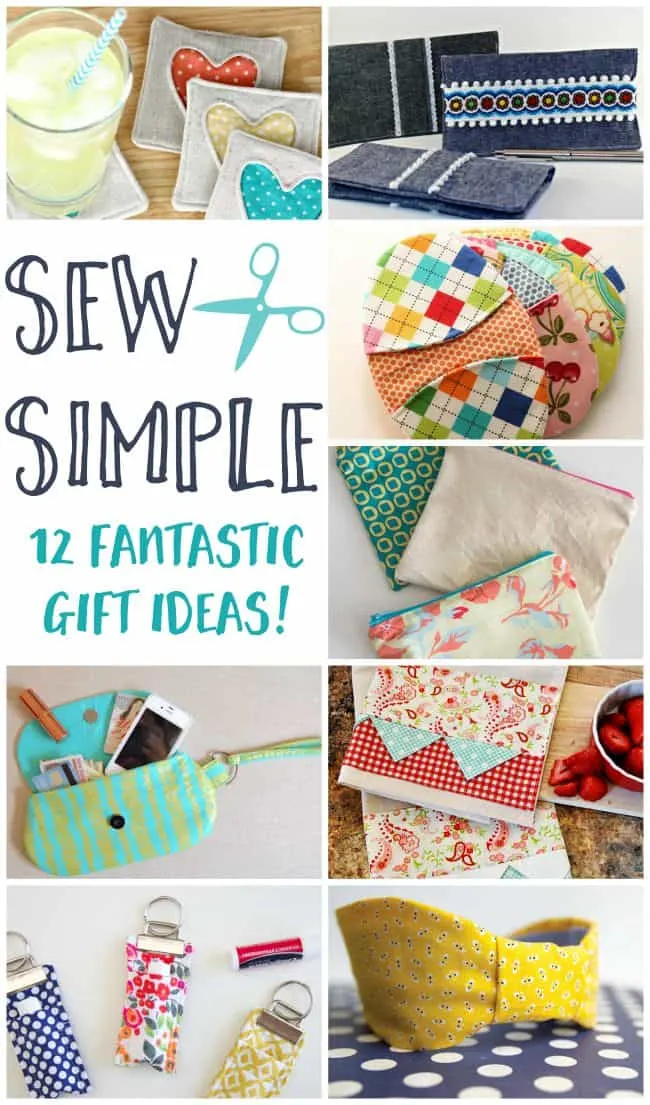 This photo features a collage of sewing gift ideas including a wristlet, hotpads, headbands, and more.