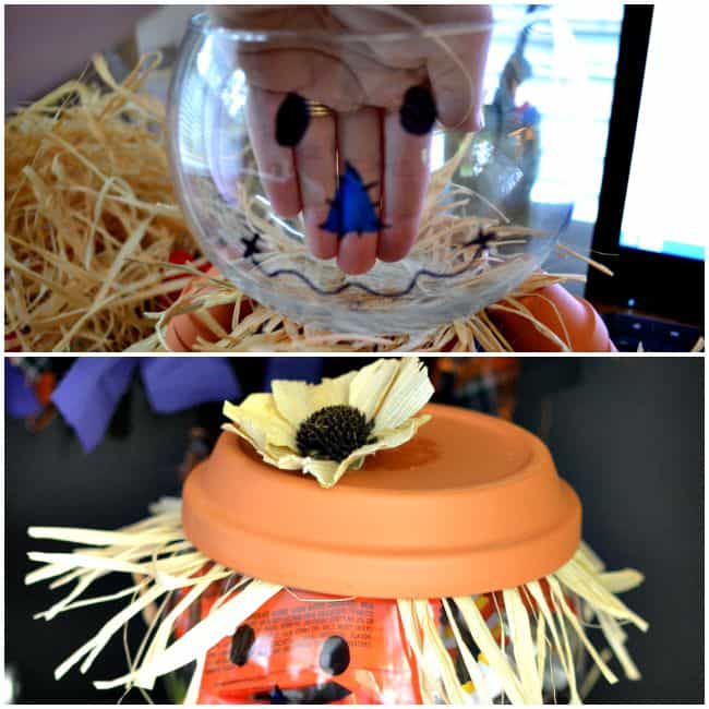 Scarecrow candy bowl... simple and easy to make for your next Halloween party.