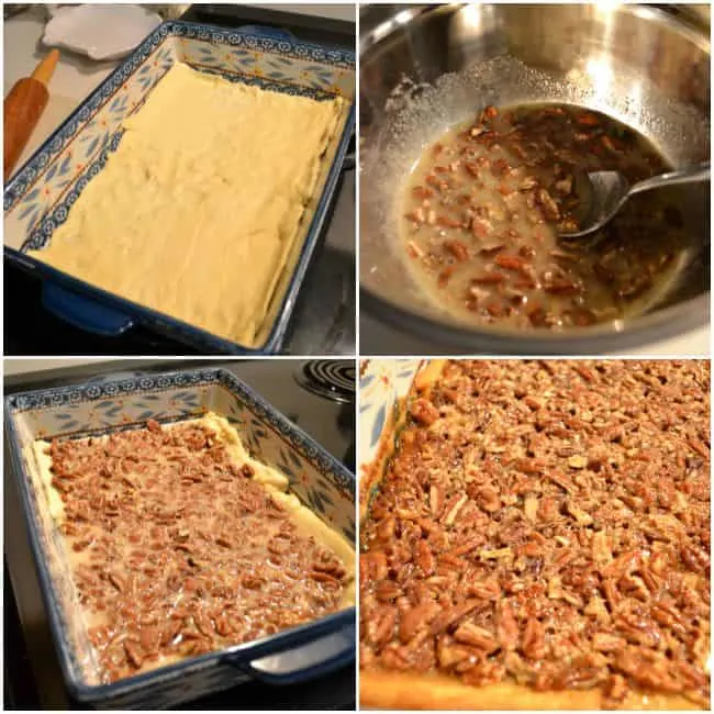 Pecan pie in a bite-sized bar! These pecan pie bars are made with refrigerated crescent rolls making them simple and quick to prepare.