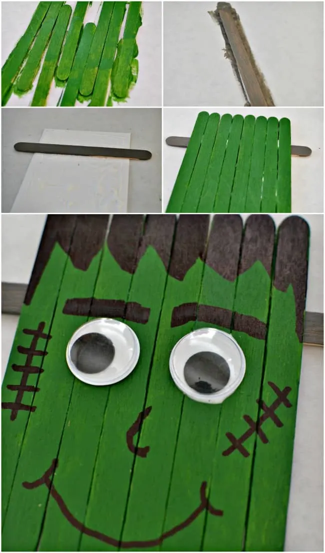 This little popsicle stick Frankenstein is perfect for crafting with your kids this Halloween. You can also attach a magnet and hang him on your fridge.
