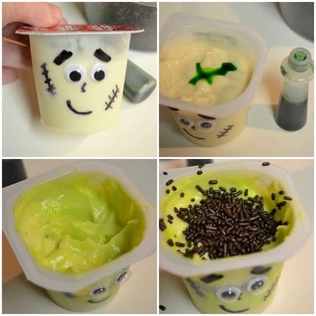 Turn a simple cup of pudding into the perfect class Halloween party treat with these super cute Frankenstein pudding cups.