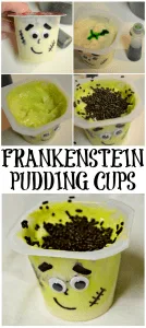 Turn a simple cup of pudding into the perfect class Halloween party treat with these super cute Frankenstein pudding cups.