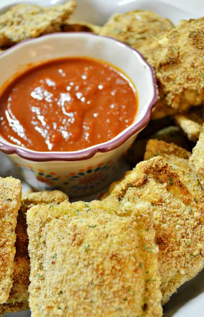 Up close shot of the baked ravioli showing all the crunchy bits.