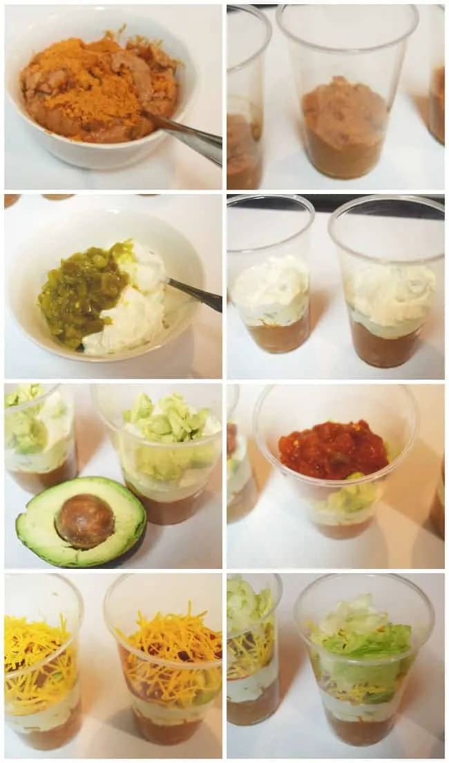 Various collaged together photos with all the different steps of creating the easy 7 layer dip recipe. 