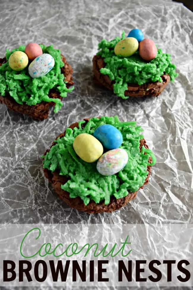 Crinkled wax paper topped with 3 Easter coconut brownie nests
