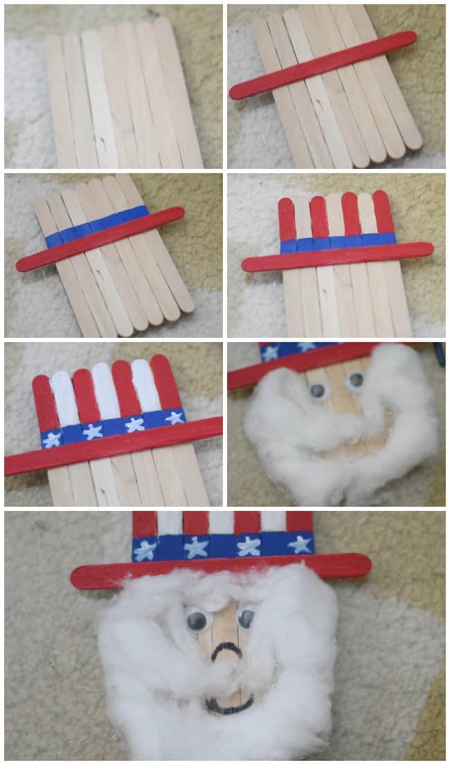 Celebrate 4th of July with your kids this year by creating this super cute popsicle stick Uncle Sam. 