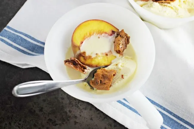 Celebrate this summer with this tasty and delicious treat, Roasted White Peaches with Honeycomb and Vanilla Ice Cream. YUM!