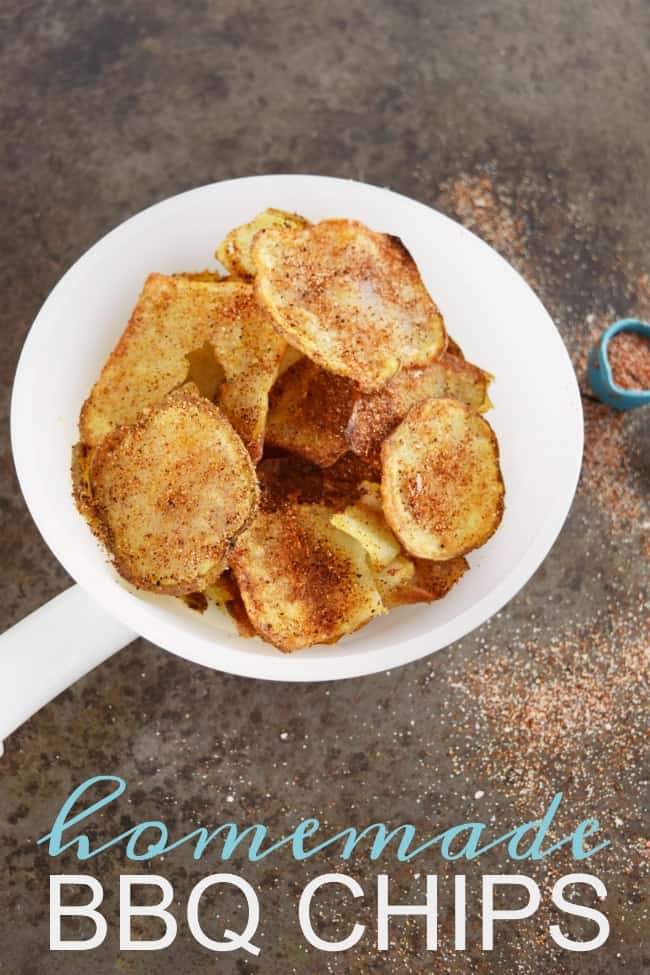 Try this simple + quick recipe for homemade bbq chips. Crispy thin chips that go great with any sandwich, burger or as a snack with your favorite beverage.