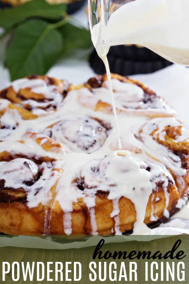 This simple, fast and easy powdered sugar icing is perfect for all your cookies, cinnamon buns, breads, pound cakes and more.