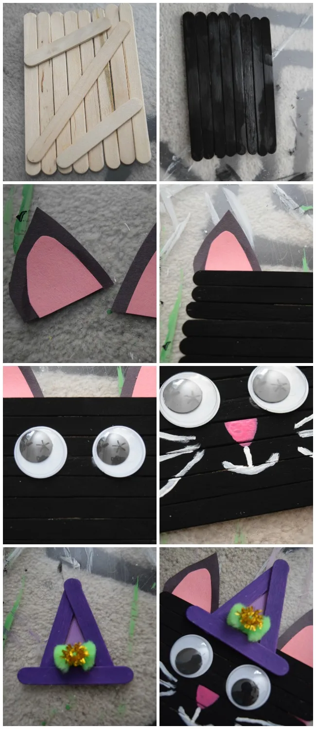 No need to be superstitious of this popsicle stick black cat. It's frighteningly cute what kids can make for Halloween with some craft sticks and paint.