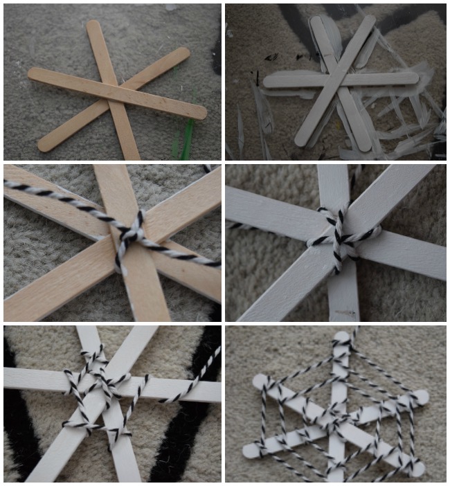 Popsicle stick spider web, the kids will love helping to create these fun web using craft sticks and yarn. Hang several in a window for a fun touch.