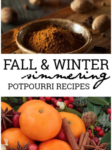 This photo features an assortment of fall potpourri and winter potpourri. In the middle is a banner reading Simmering potpourri recipes