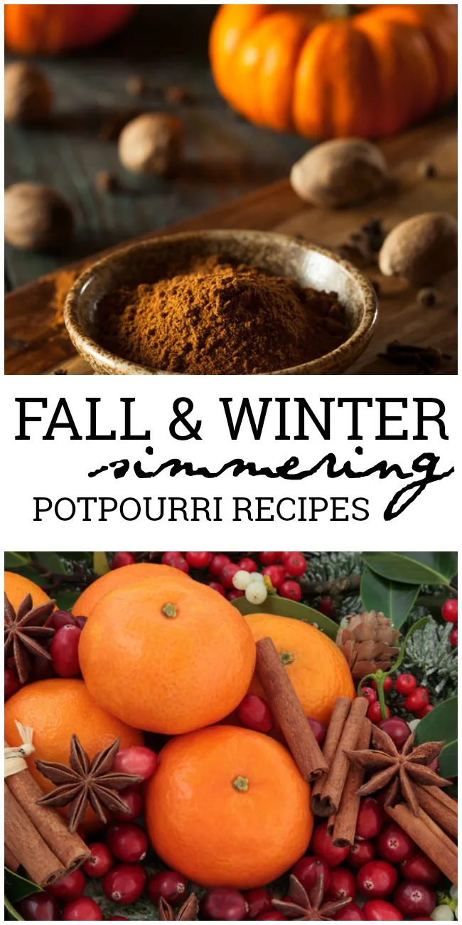 This photo features an assortment of fall potpourri and winter potpourri. In the middle is a banner reading Simmering potpourri recipes