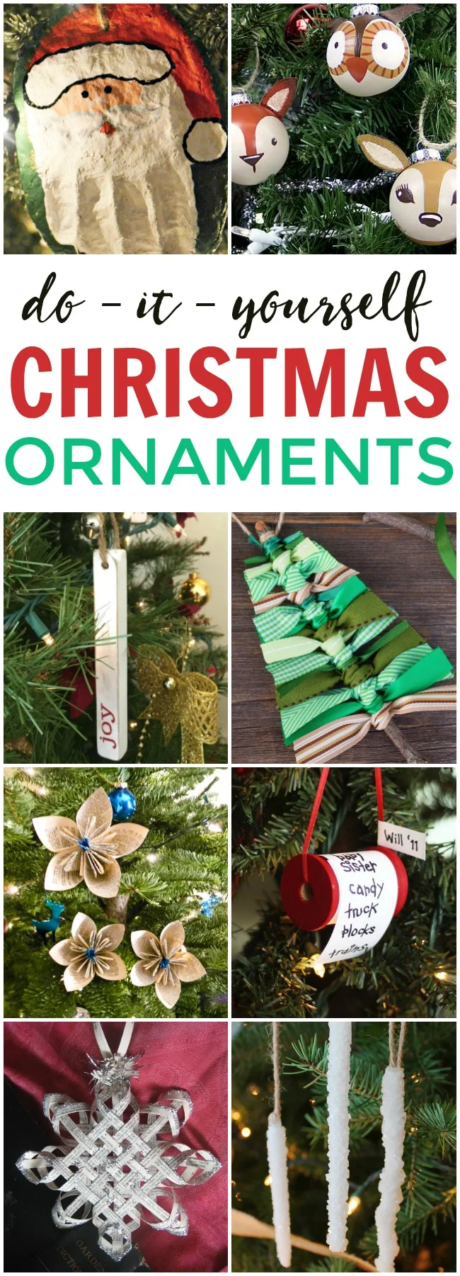 This photo features a collage of DIY Christmas Ornaments.