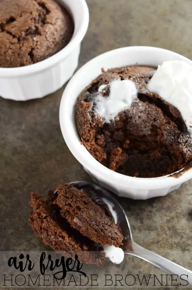 Homemade brownies from scratch are the perfect, quick and easy, date night dessert. They take only a few minutes to whip up in the air fryer to satisfy your chocolate cravings. #HomemadeBrownies #Brownies #AirFryerRecipes #BrownieRecipes