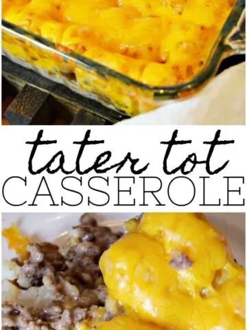 This tater tot casserole recipe is mouth-watering good. All you need is 5 simple ingredients to get started. The cream of mushroom soup gives it that creamy goodness. So good you may want to make a double batch of leftovers the next day.