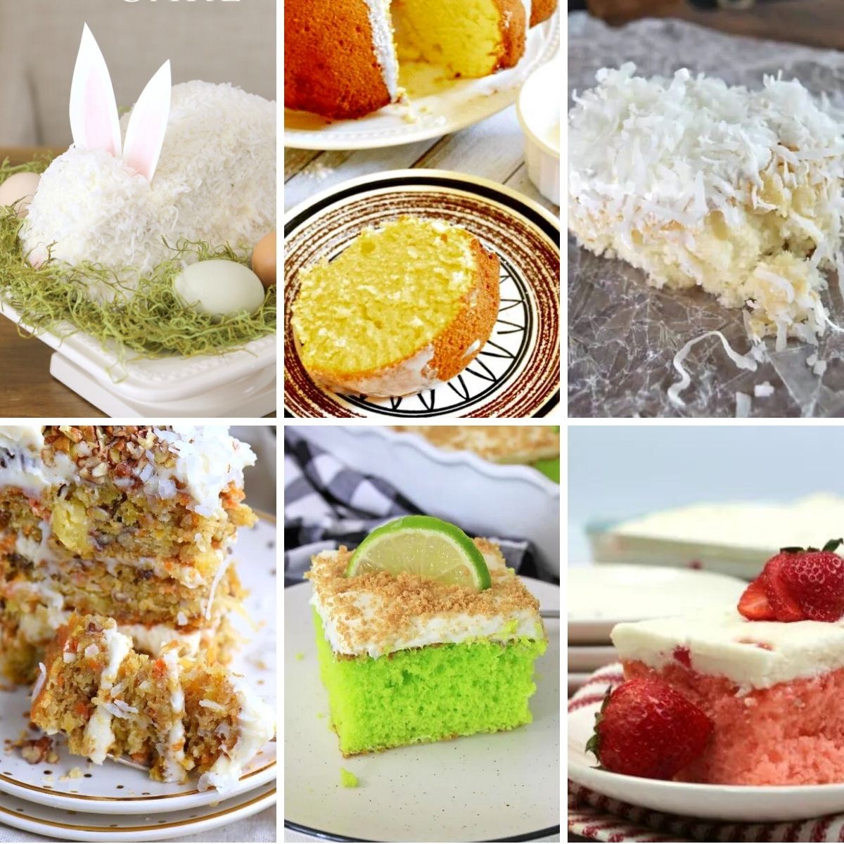 Collage of Easter Cakes Including lemon, coconut, and key lime recipes