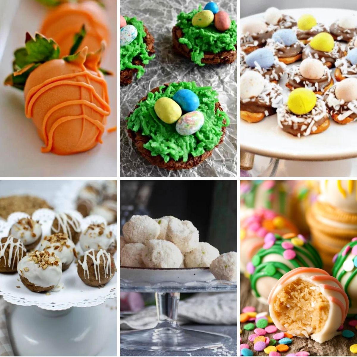 Collage of Easter Treats including carrot strawberries, brownie nests, and truffles