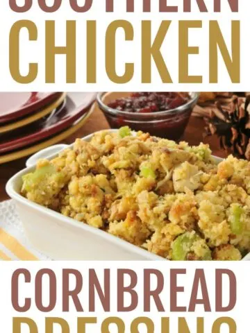 This photo features a white casserole dish filled with Southern Chicken Cornbread Dressing and labeled with the same.