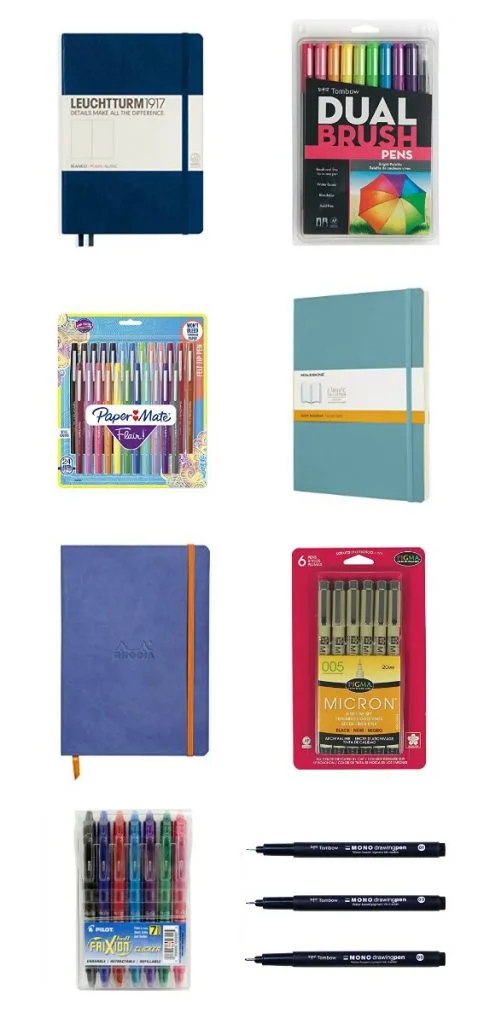 Photo of different top items you can purchase in the bullet journal world. This includes such things like a actual bullet journal, dual brush pens, flair pens, micron pens, etc.