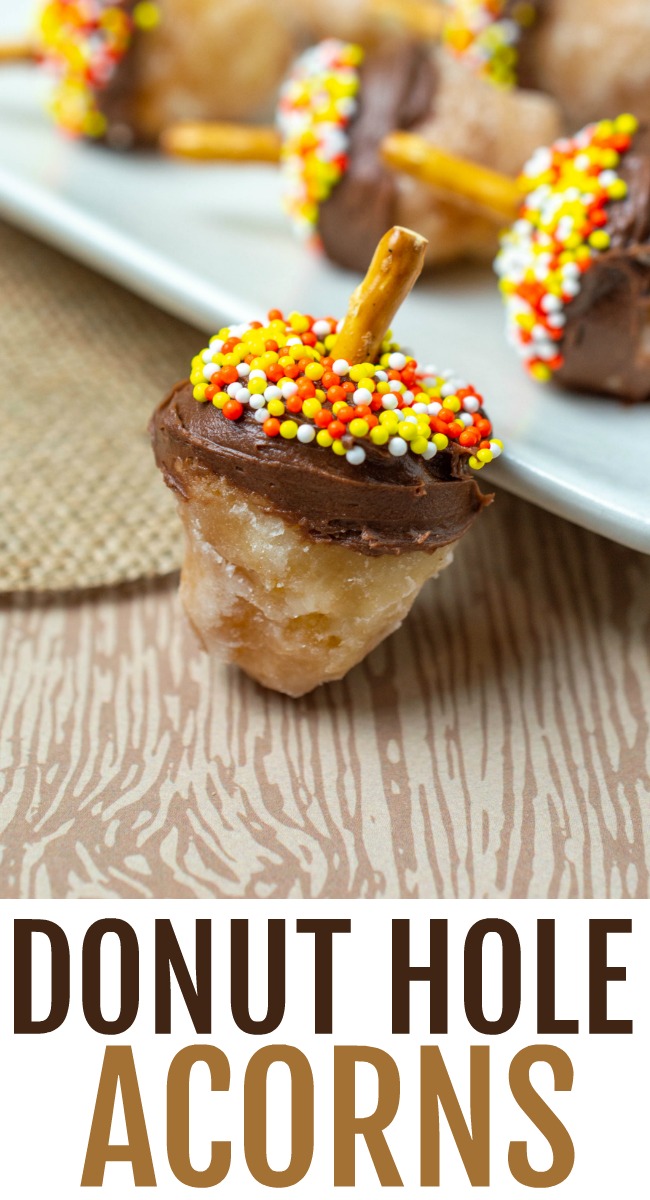 Donut hole acorns - donut pieces topped with chocolate icing, topped with sprinkles, and a piece of pretzel.