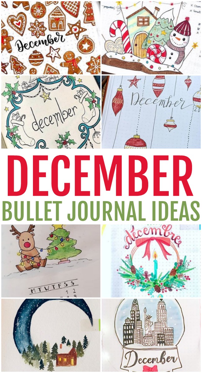 This photo features a collage of December Bullet Journal Ideas.