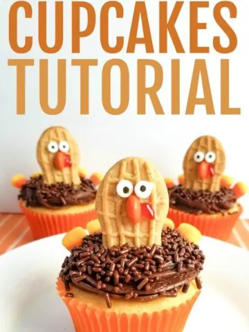 This photo features a cupcake that looks like a turkey. This Turkey Cupcake features a chocolate cupcake and a cookie to make the turkey.