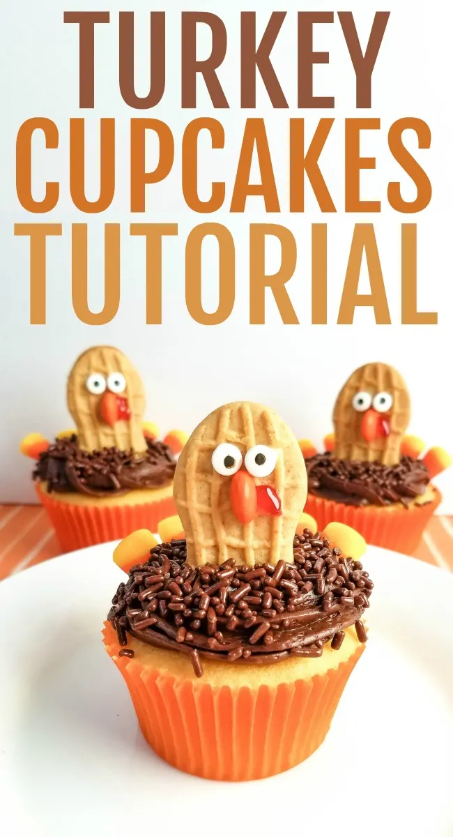 This photo features a cupcake that looks like a turkey. This Turkey Cupcake features a chocolate cupcake and a cookie to make the turkey.