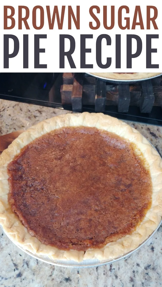 This photo features a brown sugar pie sitting on a granite countertop.