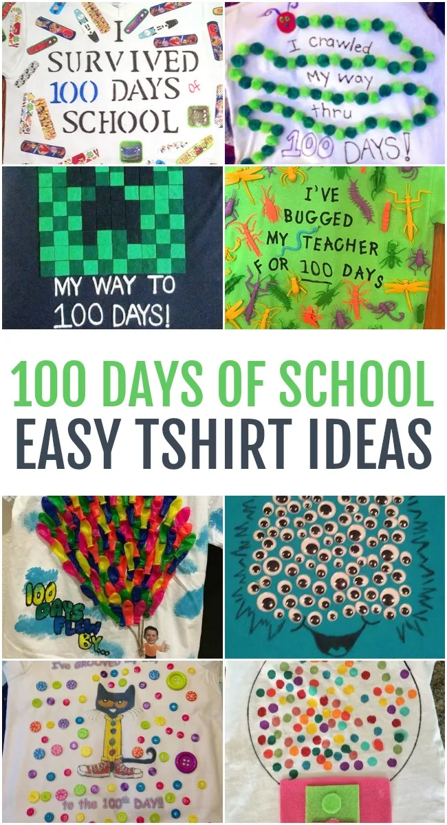 This photo features a collage of different 100 days of school tshirt designs.