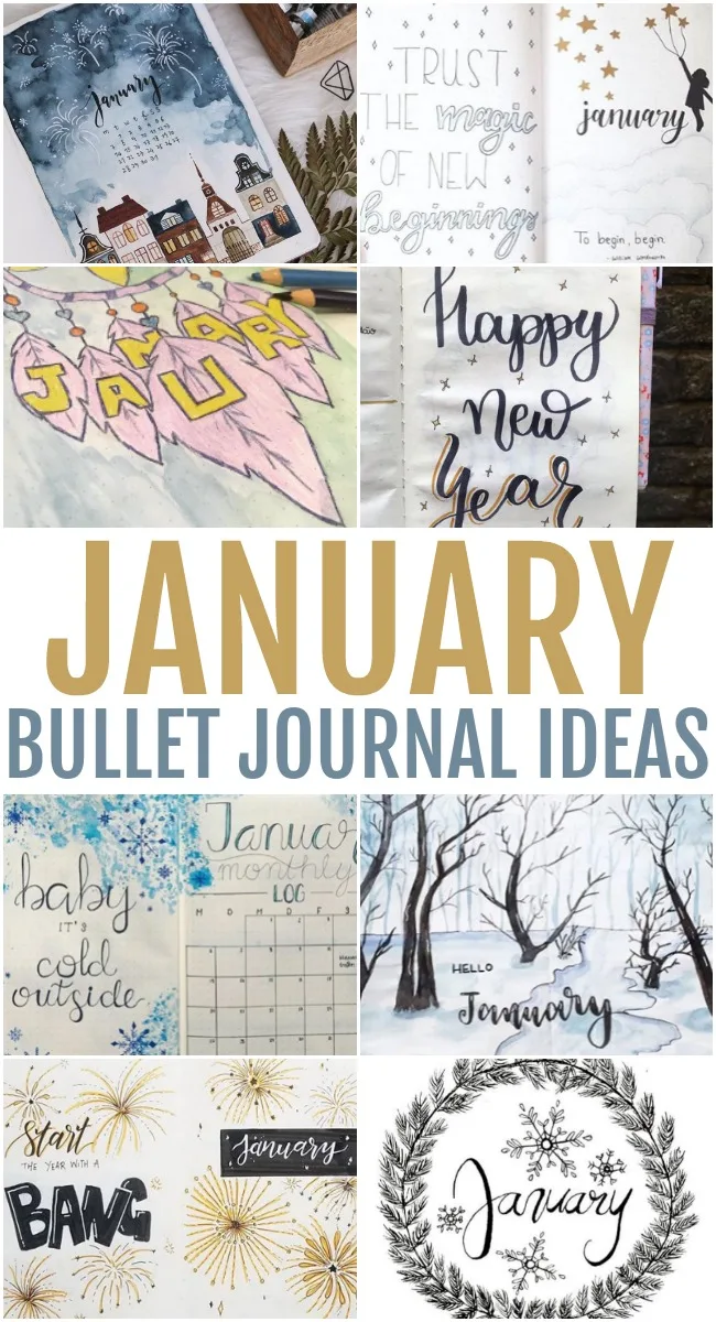 This photo features a collage of different January Bullet Journal Ideas